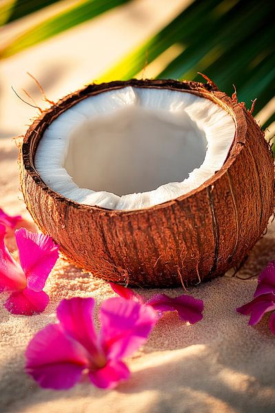 Kokosnuss mit Blüten auf Sandstrand von Poster Art Shop