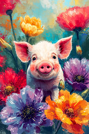 Un petit cochon joyeux au milieu des fleurs sur Joseph S Giacalone Photography