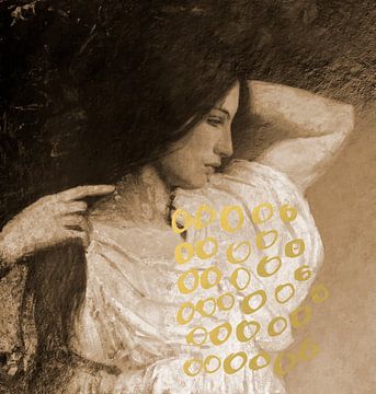 Vintage boho portrait of a young woman in sepia and gold. by Dina Dankers