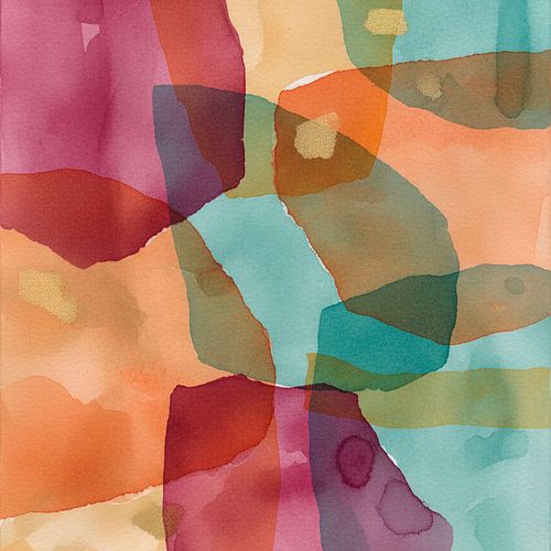 Organique et abstrait. Textures transparentes dans les tons turquoise, orange et bordeaux.