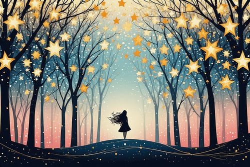 Magical Starry Forest Silhouette Wall Art – Dreamy Night Fantasy Landscape Illustration