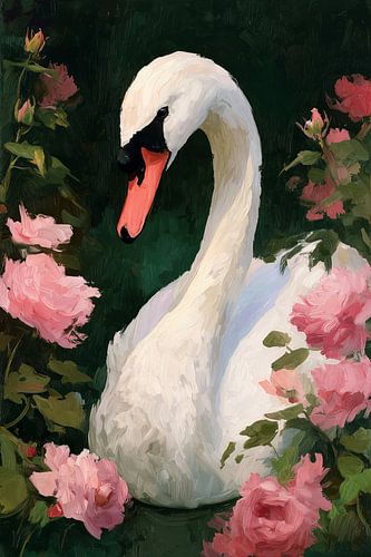 Zwaan tussen roze bloemen no.3