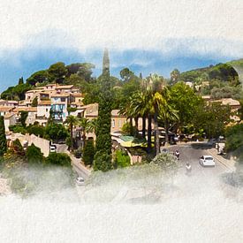 Zomerse Zaligheid over Bormes-les-Mimosas, gevangen in Aquarel van Youri Mahieu