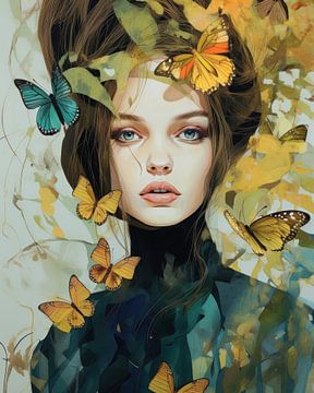 Modern en kleurrijk geïllustreerd portret met vlinders van Studio Allee