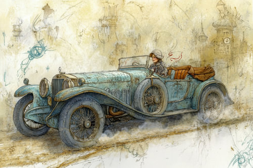 Drawing of an oldtimer, a vintage car, in a detailed and artistic style 