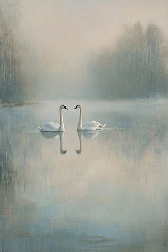 Zwanen op een mistig meer