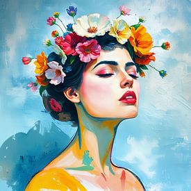 Vrouw met kleurige bloemen op haar hoofd - blauw van Jan Bouma