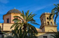 De koepel en een toren van de Basiliek van de Heilige Maria van Alicante achter groene palmbomen ond