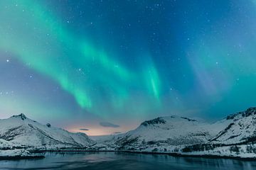Noorderlicht boven de Lofoten tijdens de winter in Noorwegen van Sjoerd van der Wal Fotografie
