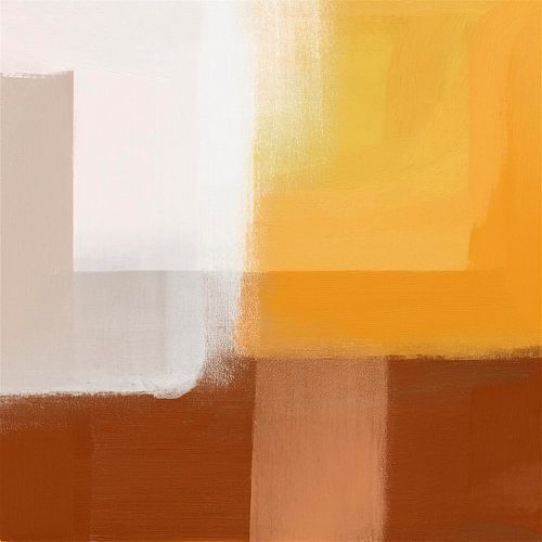 Abstrakte Malerei in Mostard Gelb, Ocker Gelb, Terrakotta und Weiß -1
