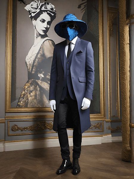 Man in suit next to painting of woman by On Your Wall