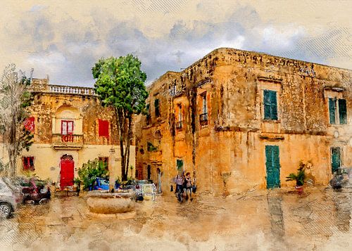 Malta Mdina stad aquarel schilderij #malta