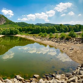 Drachenfels reflection in river Rhine by Katho Menden