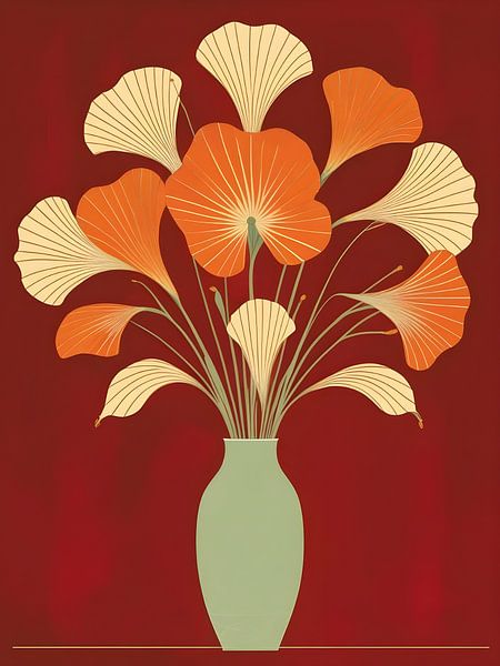 Abstract Radial Floral Bouquet in Orange and Cream, Modern Botanical Art by Artistic