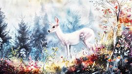 Magical white deer in the enchanted forest by Frank Heinz