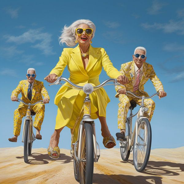 Surreal Ältere Personen gelb gekleidet Fahrräder Strand Urlaub von gm_designs