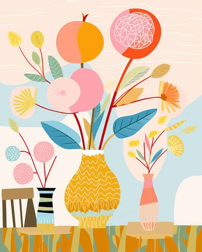 Bunt illustriertes Stillleben mit Blumen