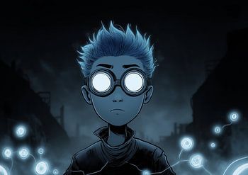 Cyberpunk Boy With Glowing Goggles And Blue Hair