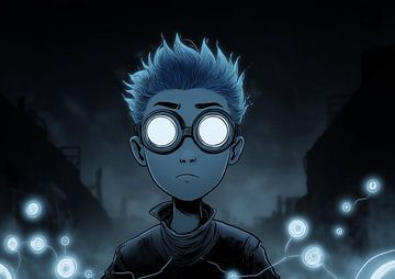 Cyberpunk Boy With Glowing Goggles And Blue Hair by BINEDITS