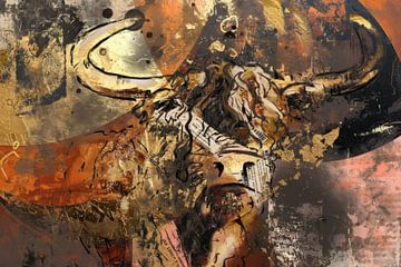 Mixed media hooglander - bladgoud roze zwart oranje roest warme aarde kleuren van Emiel de Lange