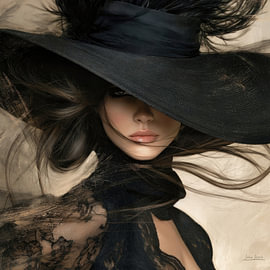1312 –  Woman, face, portrait, partly abstract, large hat, scarf, square by John Joseb Art