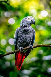 Grauer Papagei auf einem Ast von Poster Art Shop