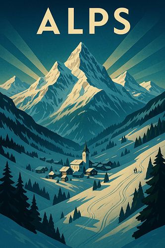 Alps Art Deco Travel Poster – Majestic Mountain Wall Art