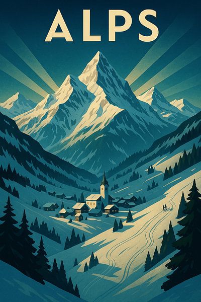 Alps Art Deco Travel Poster - Majestic Mountain Wall Art par Travel Shop