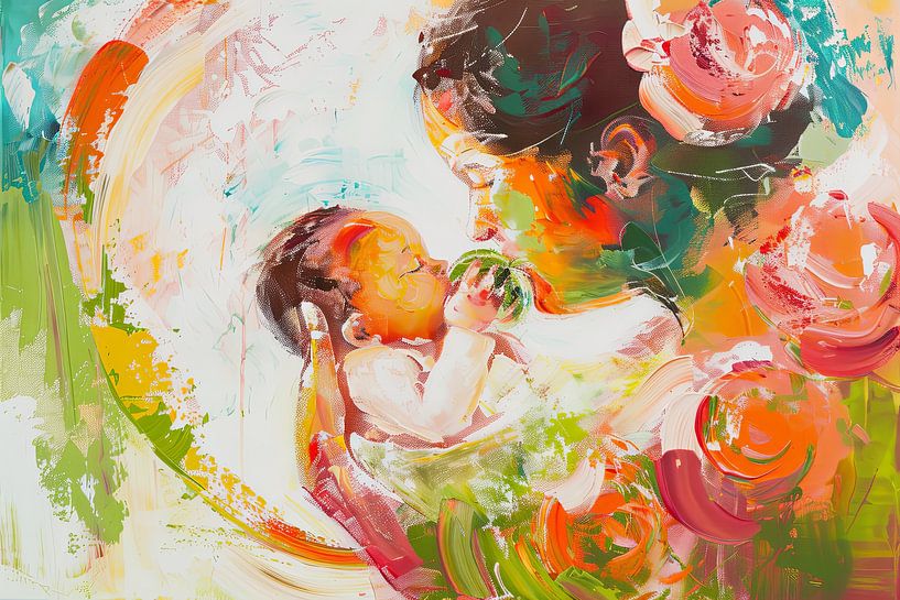 Digitaal abstract schilderachtig portret fictieve vrouw en kind van Egon Zitter