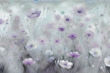 Wildblumen im Nebel, moderne und abstrakte Blumenwiese in aktuellenFarben