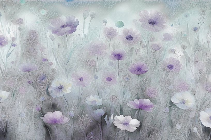 Wildblumen im Nebel, moderne und abstrakte Blumenwiese in aktuellenFarben von FRESH Fine Art