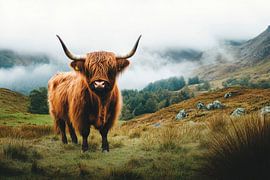 Hochlandrind Nebel von Poster Art Shop