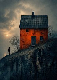 Une silhouette solitaire devant une maison rougeoyante, à la lisière du silence – Paysage surréaliste sombre sur Philip Van