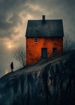 Solitary Figure Before a Glowing Red House on the Edge of Silence – Dark Surreal Landscape