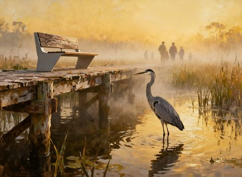 A heron in the morning mist