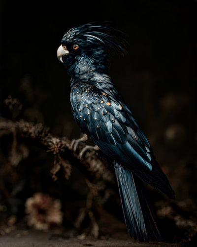 Majesteit der nacht, een kleurrijke kaketoe in blauw en koper. Fine Art dierenportret