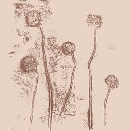 Abstract botanical art. Flowers in neutral pastel colors. Warm brown on beige by Dina Dankers