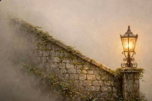 A lantern on a misty stone wall