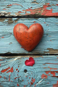 Wooden Heart and Rose Petal on Weathered Wood by Art & Soul Creations