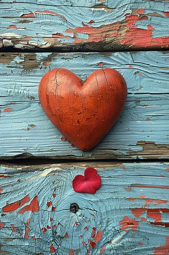 Coeur en bois et pétale de rose sur bois vieilli