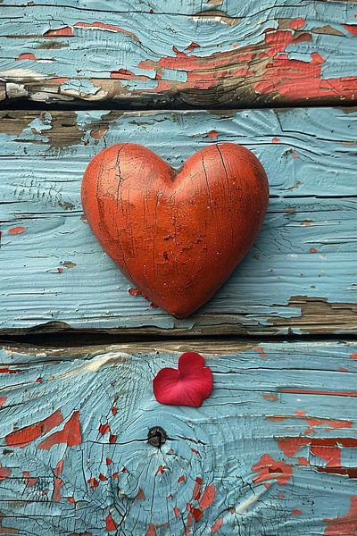 Wooden Heart and Rose Petal on Weathered Wood by Art & Soul Creations