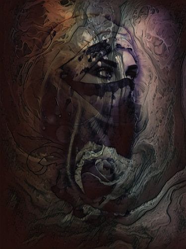 Mysterious girl in abstract watercolor pattern