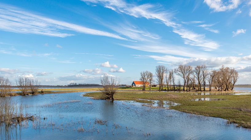 Große Scheune auf einem Hügel in geflutetem Polder von Ruud Morijn