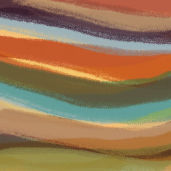 Moderne abstrakte Landschaft. Pinselstriche in Grün, Braun, Orange von Dina Dankers