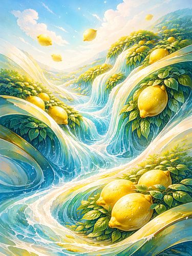 Surreal Lemon Waterfall Flowing Through Lush Hills