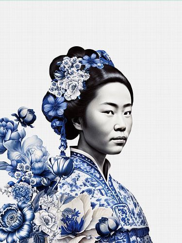 Japanese woman in Delftware on White background, modern variation on a Geisha portrait