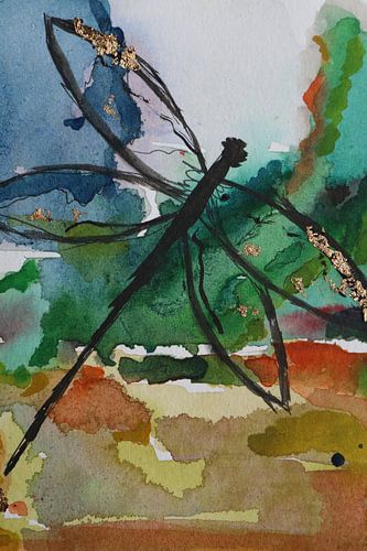 Aquarell in abstrakter Gestaltung mit der Sommerlibelle im Anflug!