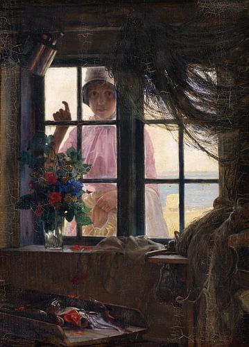 Nach dem Bad. Ein junges Mädchen klopft an das Fenster des Fischers, Carl Bloch