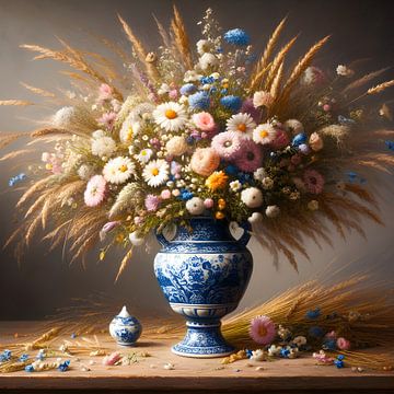nature morte ; bouquet de champs dans un vase bleu delft dans le style des vieux maîtres sur Jessica Berendsen