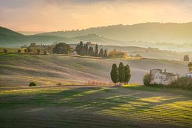 Misty Sunset over Santa Luce Hills with Cypress Trees, Tuscany by Stefano Orazzini